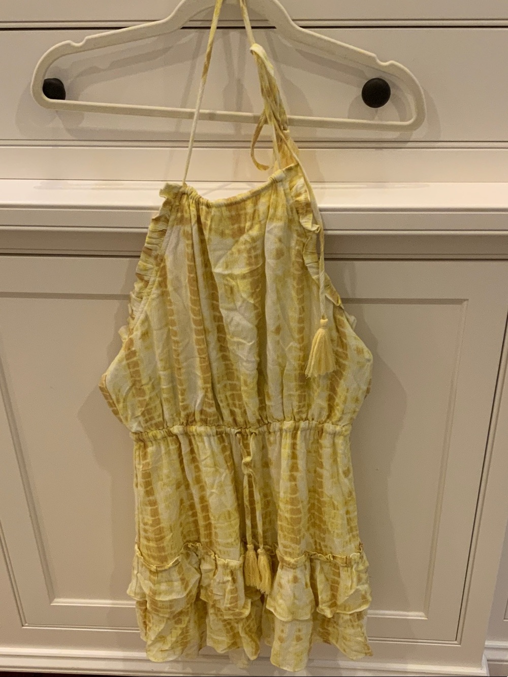 MAJORELLE Yellow Tie-Dye Halter Romper with Tassels
